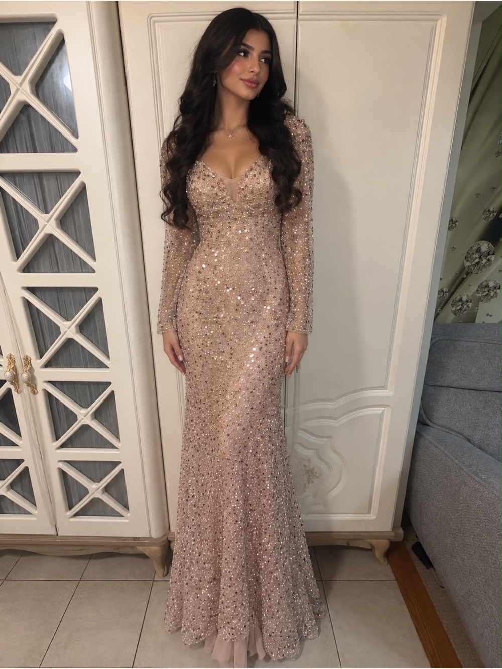 Elegant Sequin Long-Sleeve Evening Gown in Blush